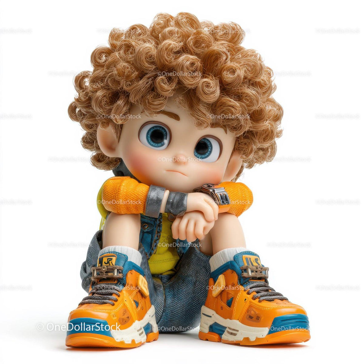 Cartoon boy figurine with curly hair and large orange sneakers sitting with arms on knees