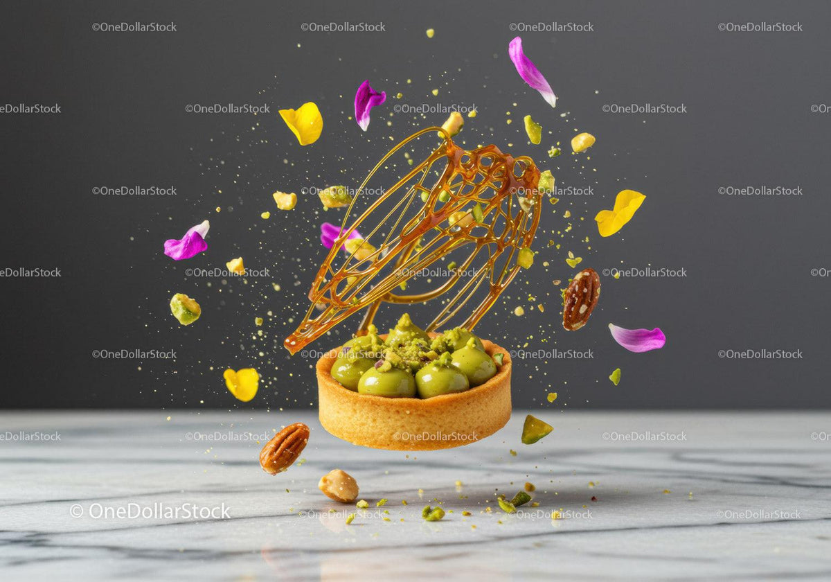 Pistachio tart with caramel decorations and flower petals