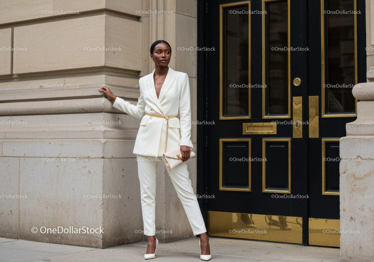 Elegant woman in white suit leaning on building corner