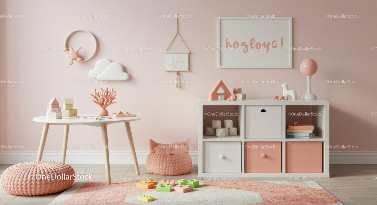 Soft Pink and White Children's Nursery with Playful Decor and Wooden Accents