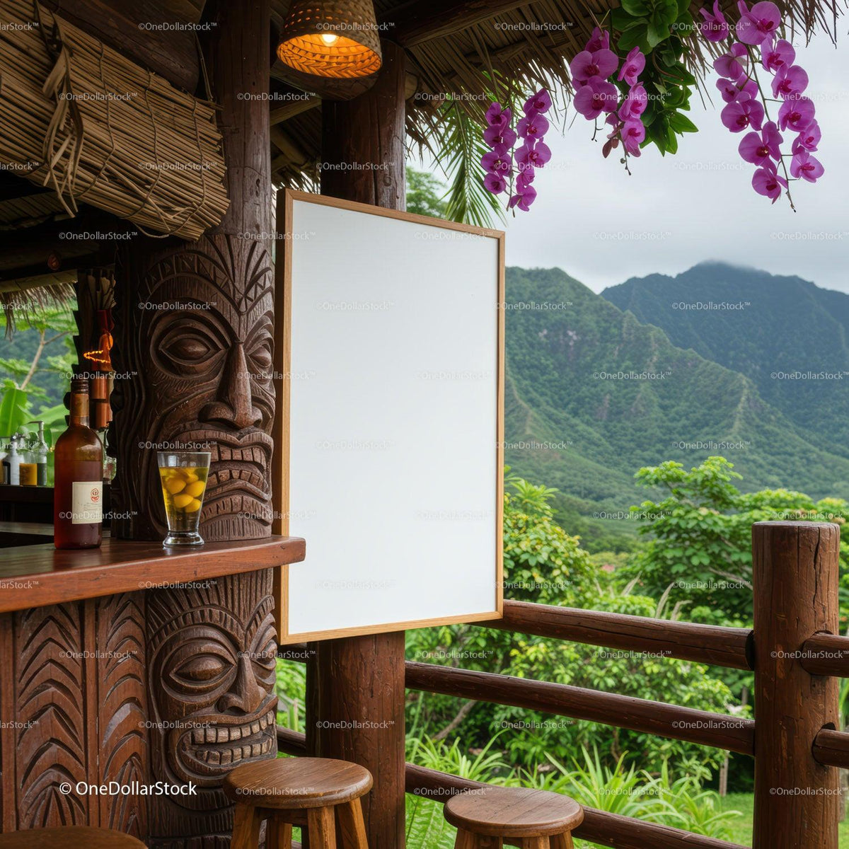 Tropical bar with wooden tiki carvings and mountain view JPG Mockup Image preview