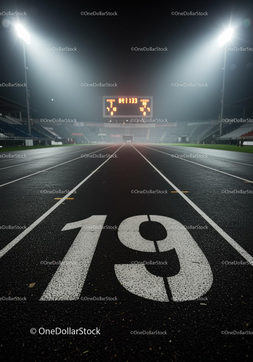 Empty Running Track Lane At Night Under Stadium Lights