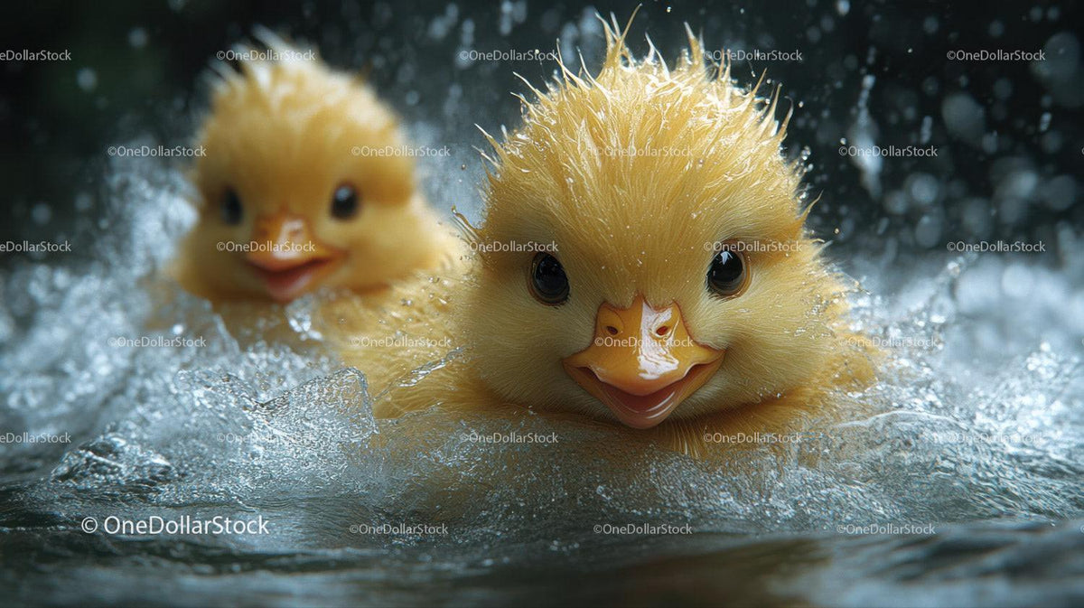 Two yellow ducklings swimming closely in water with wet feathers and ripples