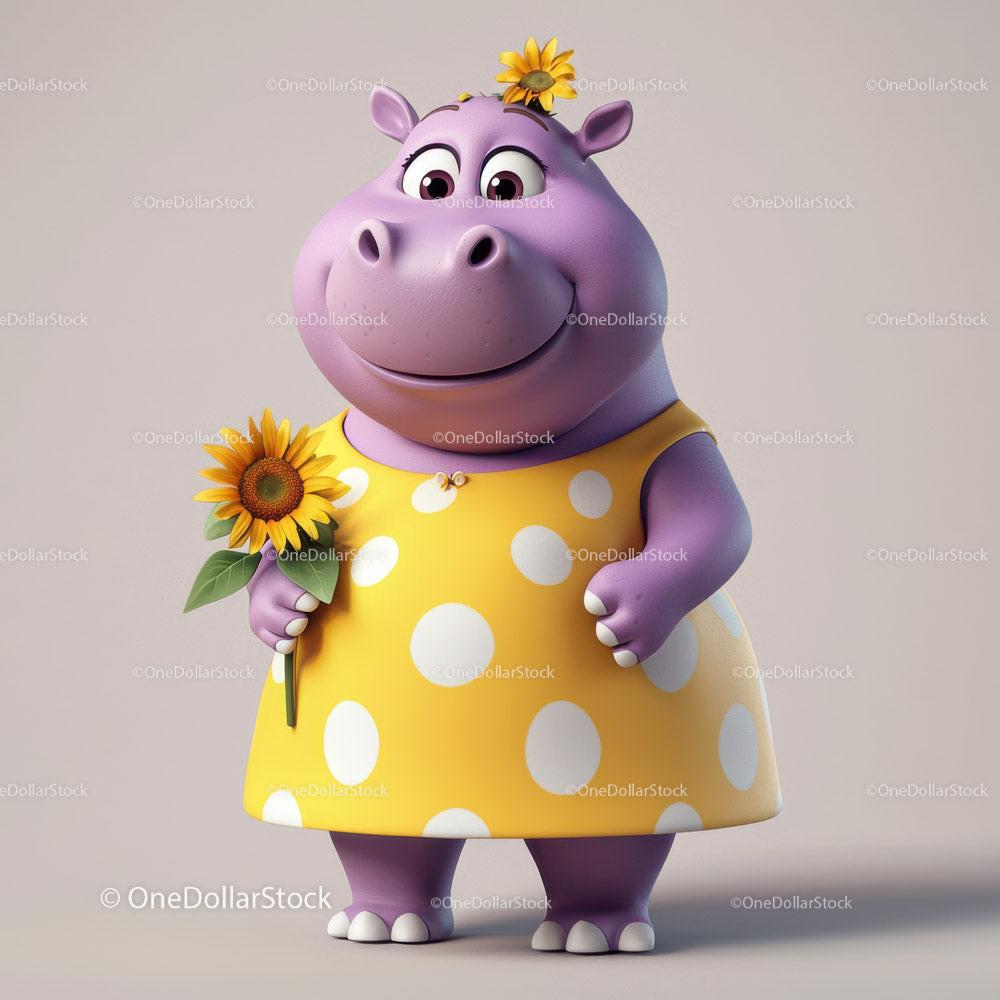 Cute Cartoon Hippo Holding Sunflower in Yellow Dress for Kids Illustration Stock Photo Bundle preview 12