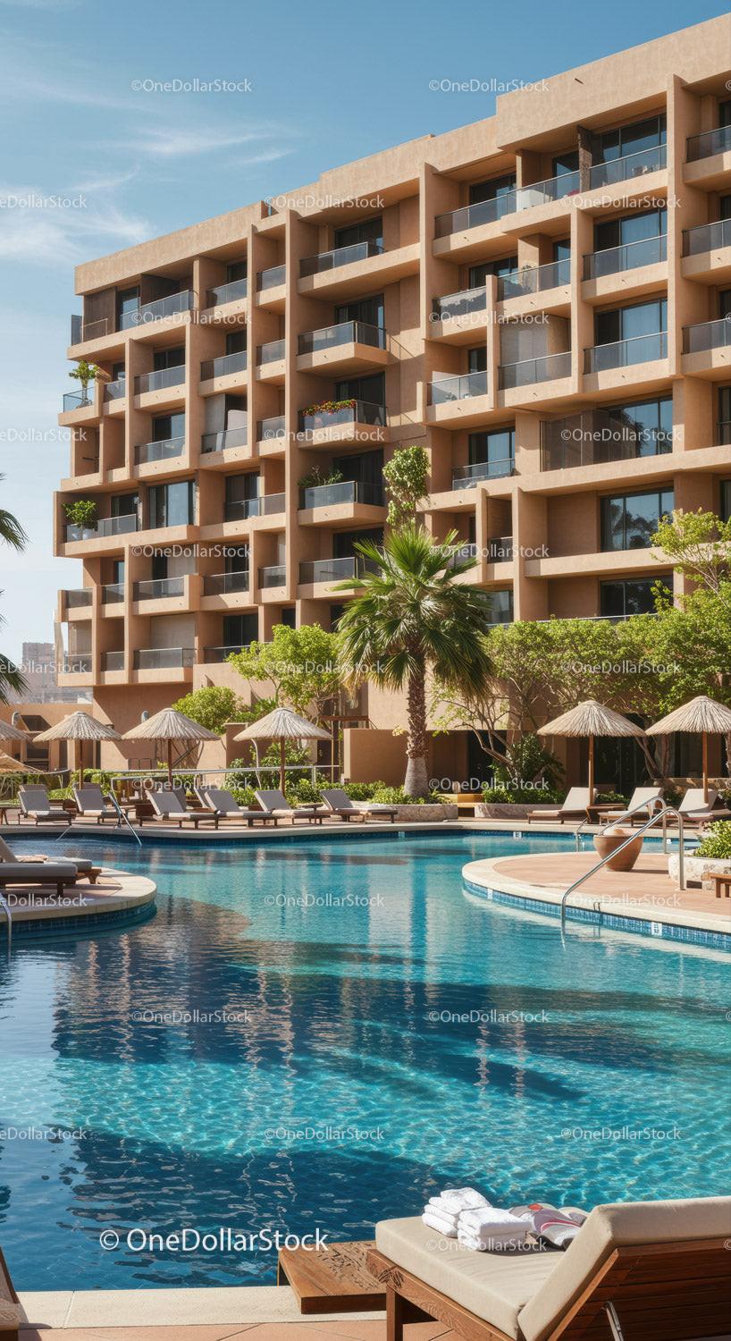 Modern Luxury Hotel with Infinity Pool and Tropical Lounge Area