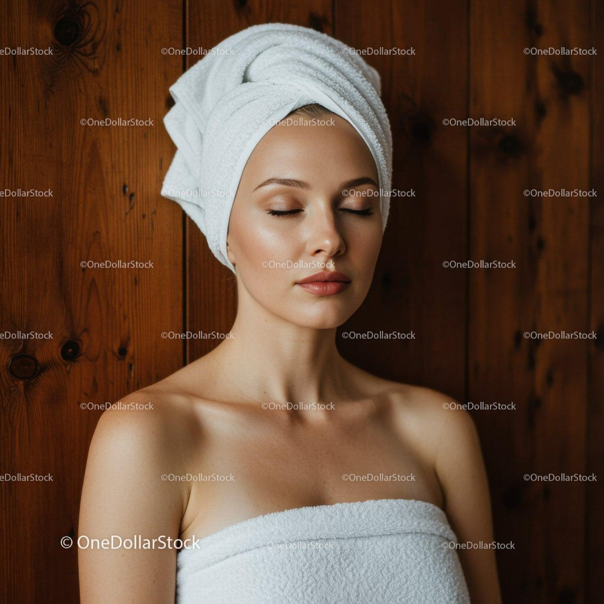 Relaxing Spa Portrait of Young Woman with Towel and Head Wrap