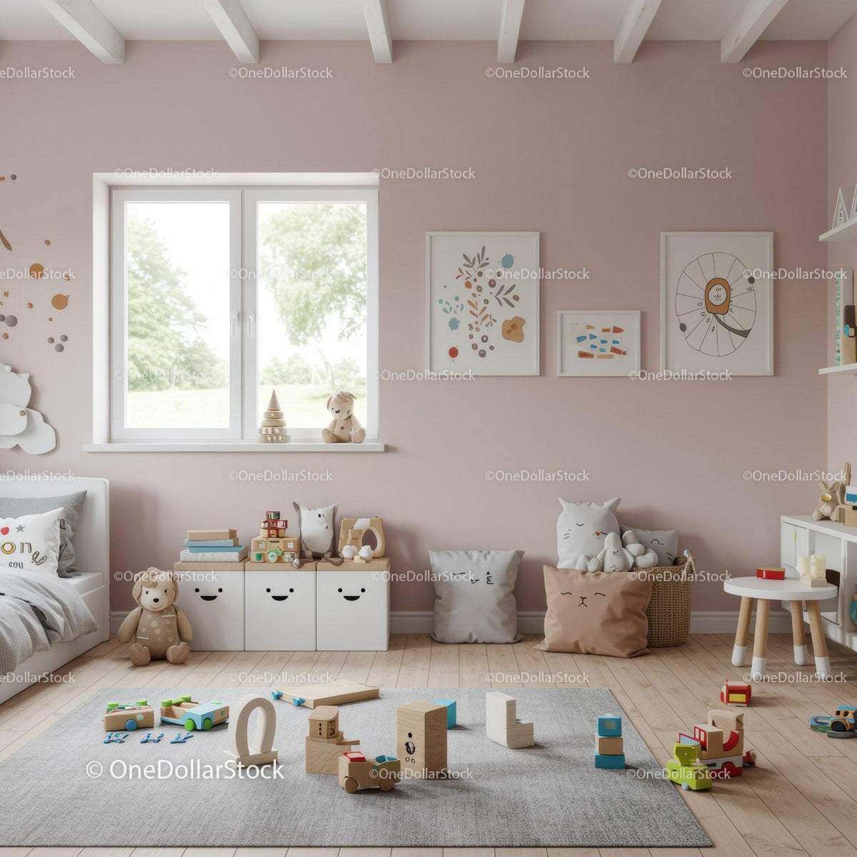 Cozy Nursery with Wooden Toys and Plush Cushions in Soft Pastel Tones