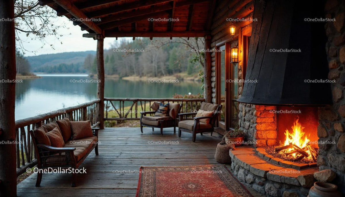 stock photo bundle made with Rustic Cabin Porch with Firepit and Scenic River View Stock Photo Bundle