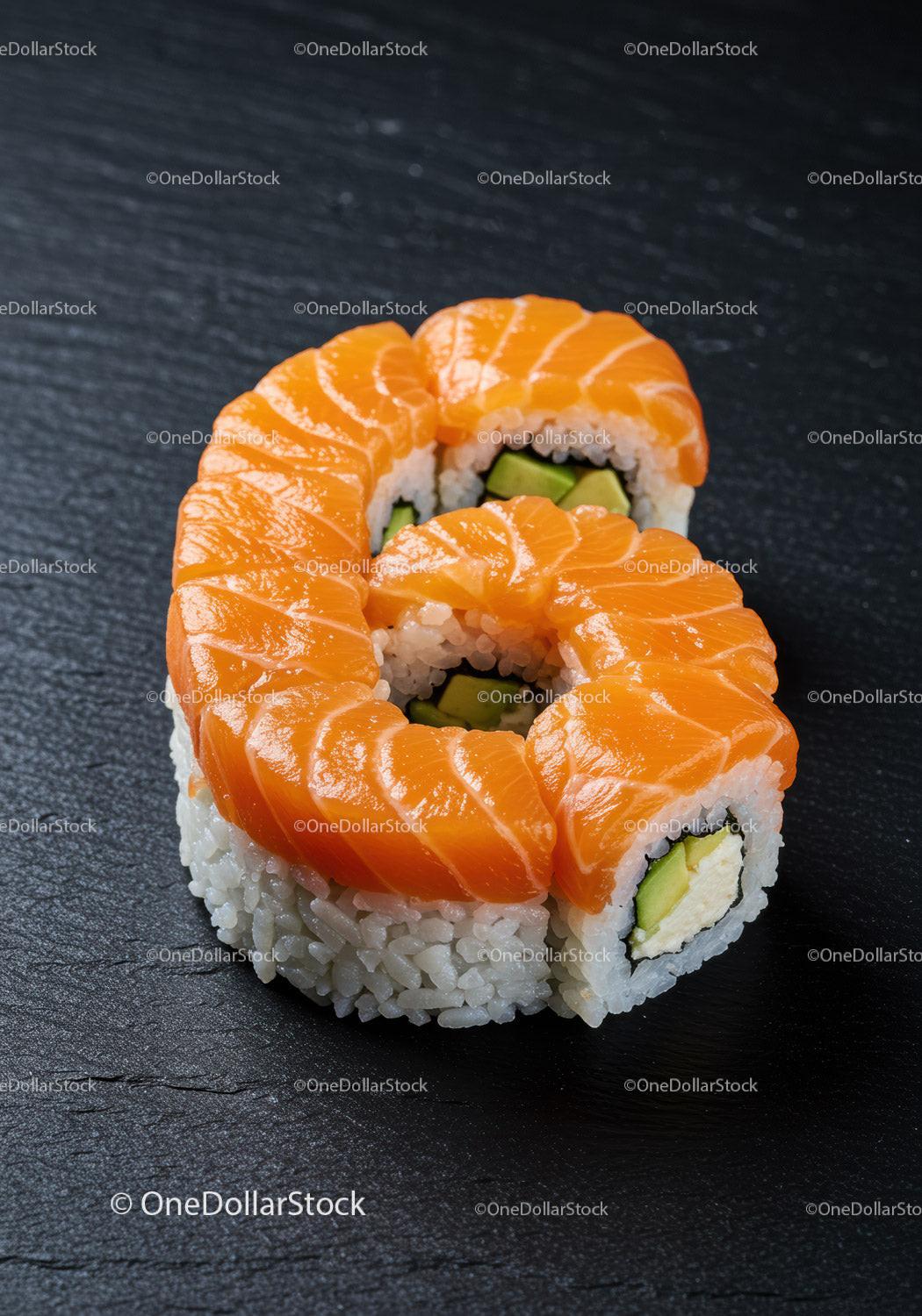 Salmon sushi shaped as number eight on black slate
