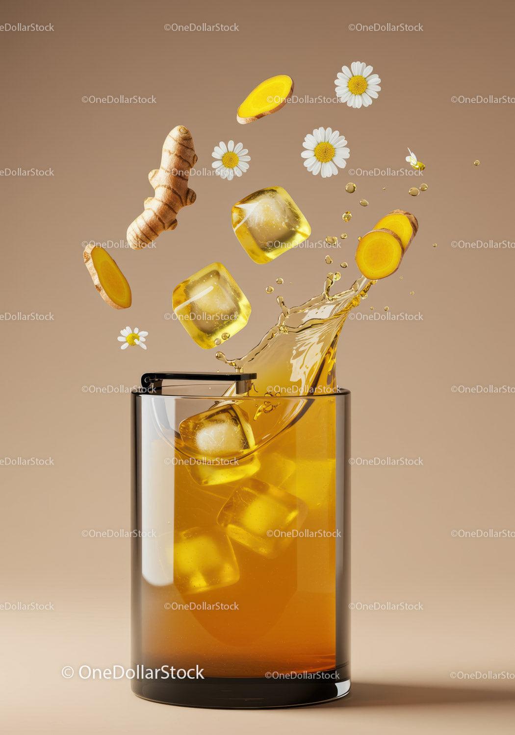 Refreshing turmeric iced tea with chamomile flowers