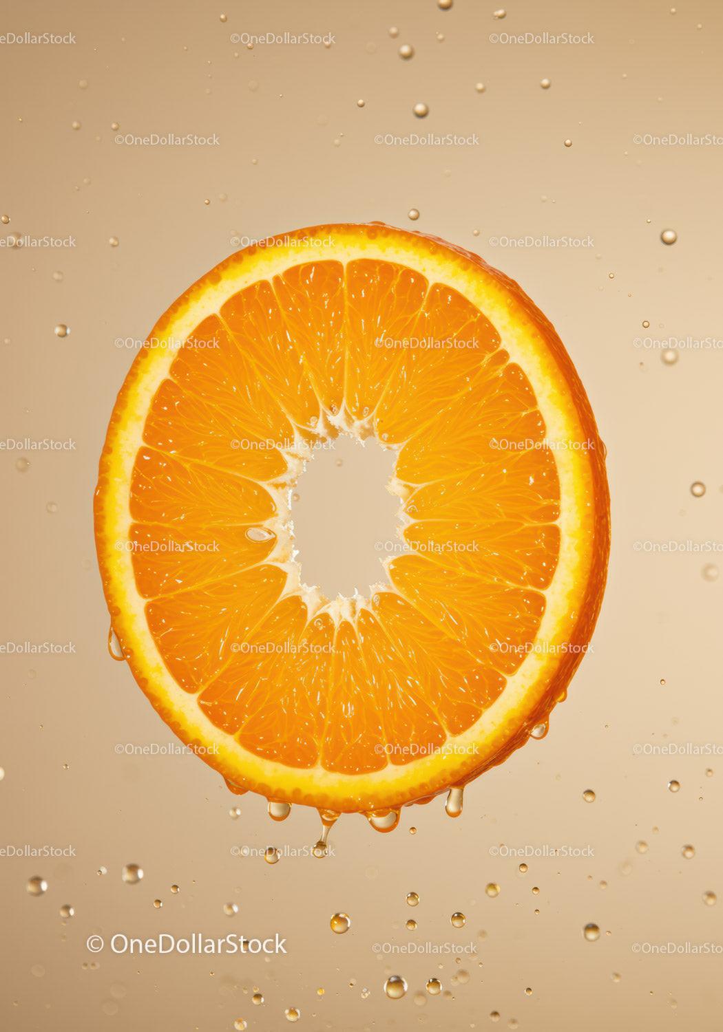 Fresh orange slice suspended in sparkling water droplets