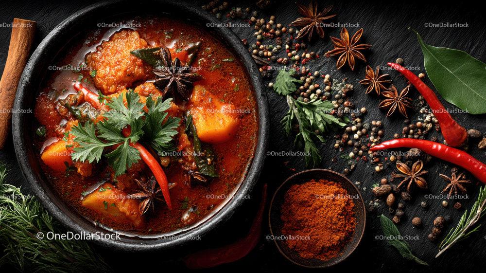 Spicy Asian Beef Stew with Rice and Fresh Herbs in a Black Stone Bowl Stock Photo Bundle preview 13