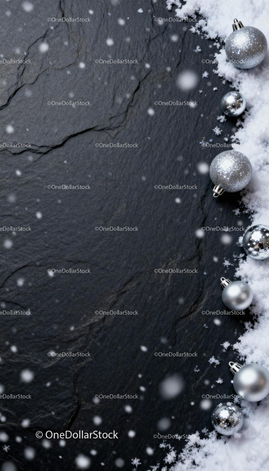 Silver Christmas Ornaments on Snow with Dark Slate Background