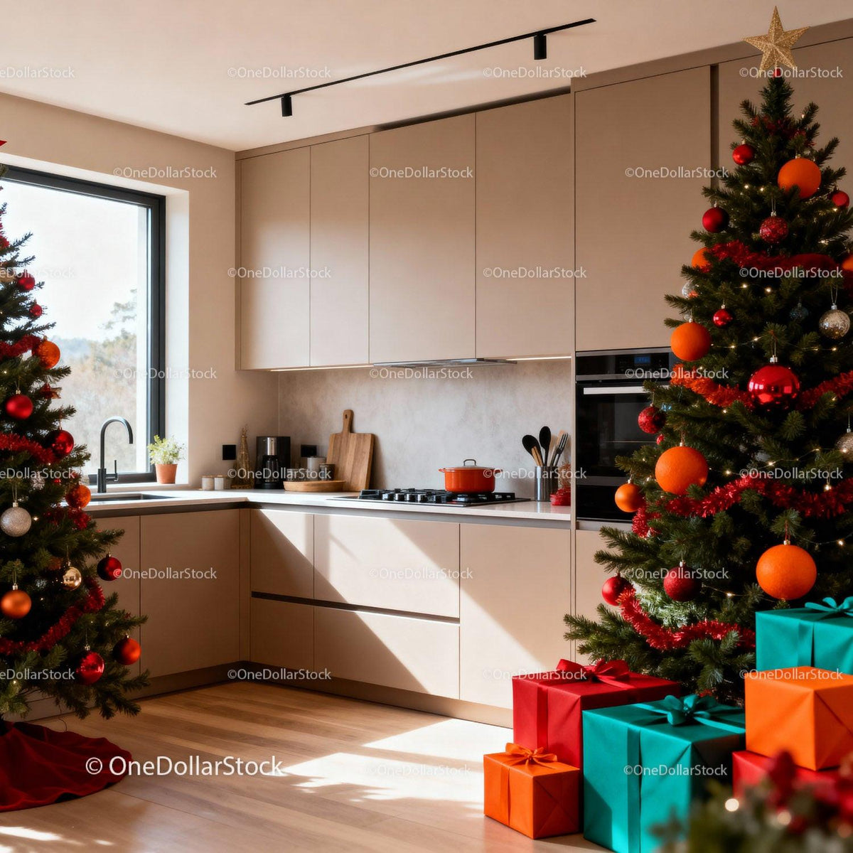 Cozy modern kitchen decorated with festive Christmas trees