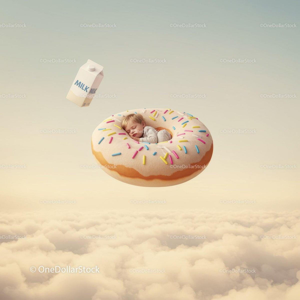 Sleeping baby nestled inside giant sprinkled donut above clouds