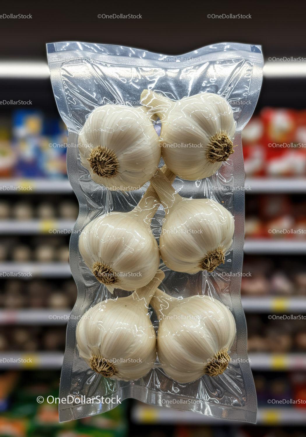 Vacuum Packed Garlic Bulbs in Grocery Store Aisle