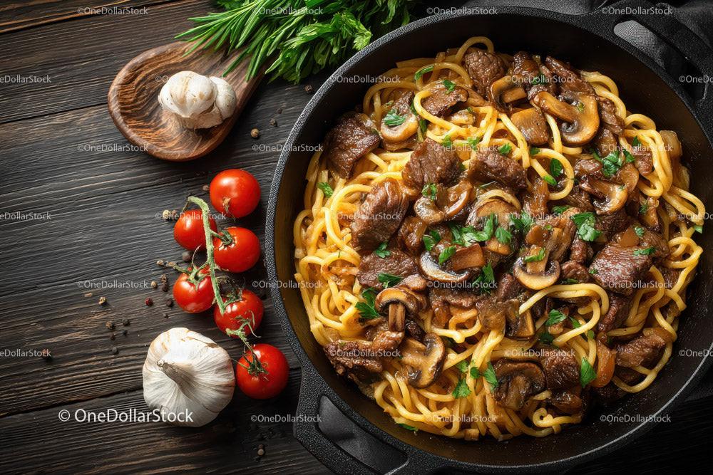 Beef and Mushroom Pasta in a Cast Iron Skillet with Cherry Tomatoes Stock Photo Bundle preview