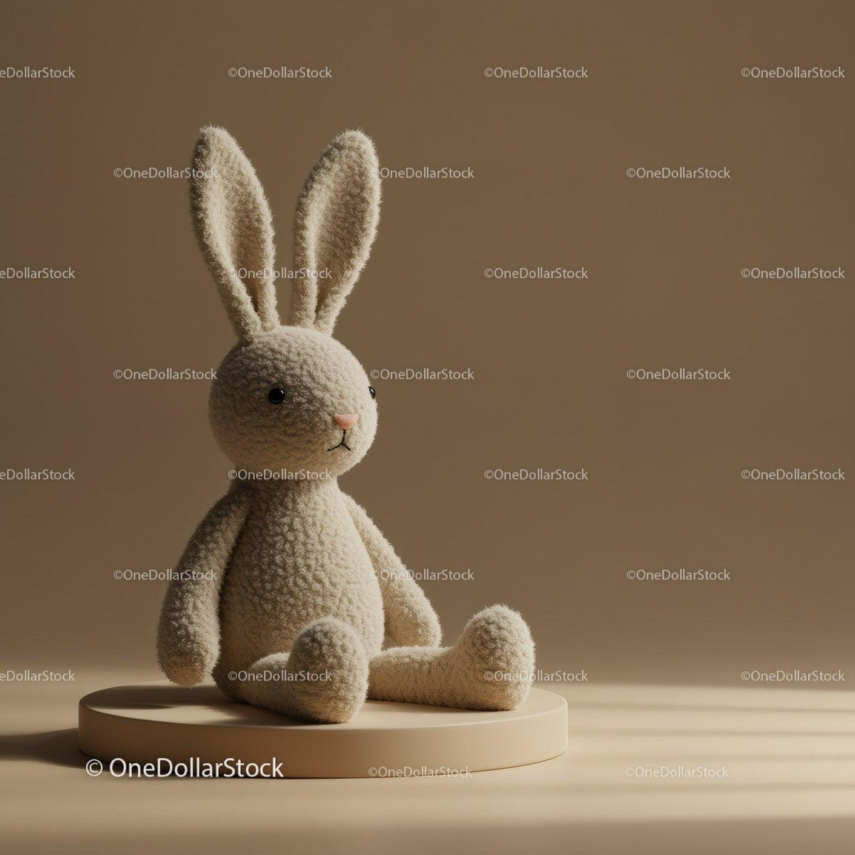 Soft plush bunny toy sitting on neutral pedestal