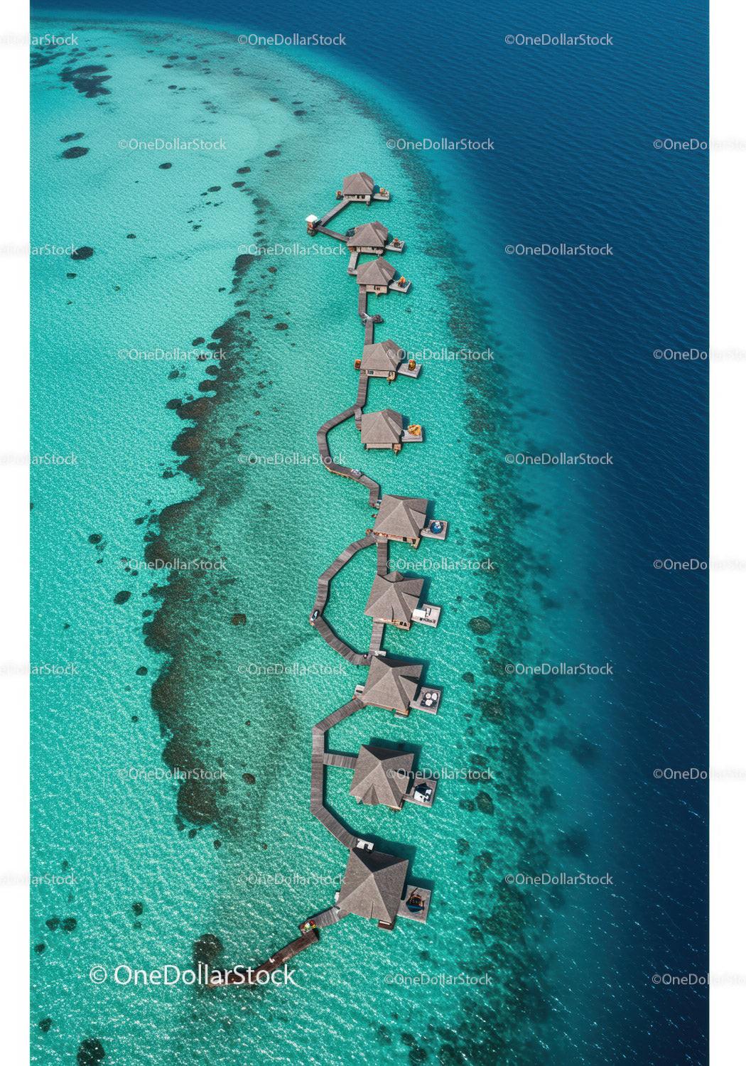 Overwater Bungalows on Clear Turquoise Waters in Tropical Paradise