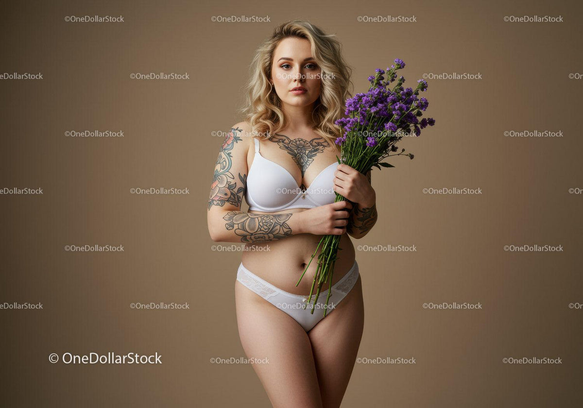 Tattooed Woman in White Lingerie Holding Purple Flowers Portrait