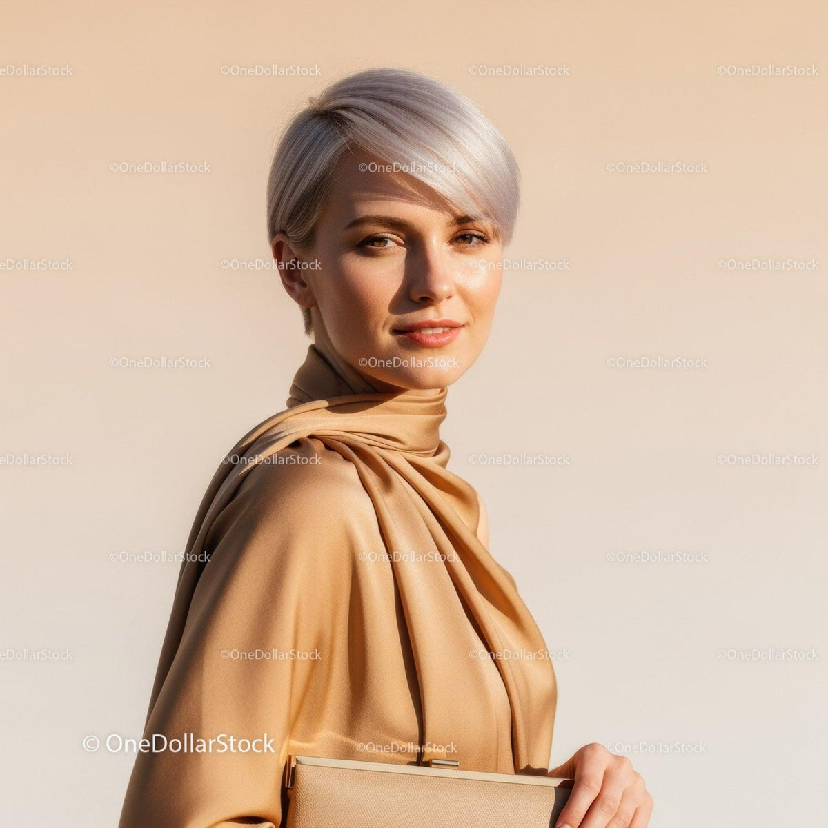 Elegant Woman with Short Blonde Hair wearing Silk Blouse in Soft Light