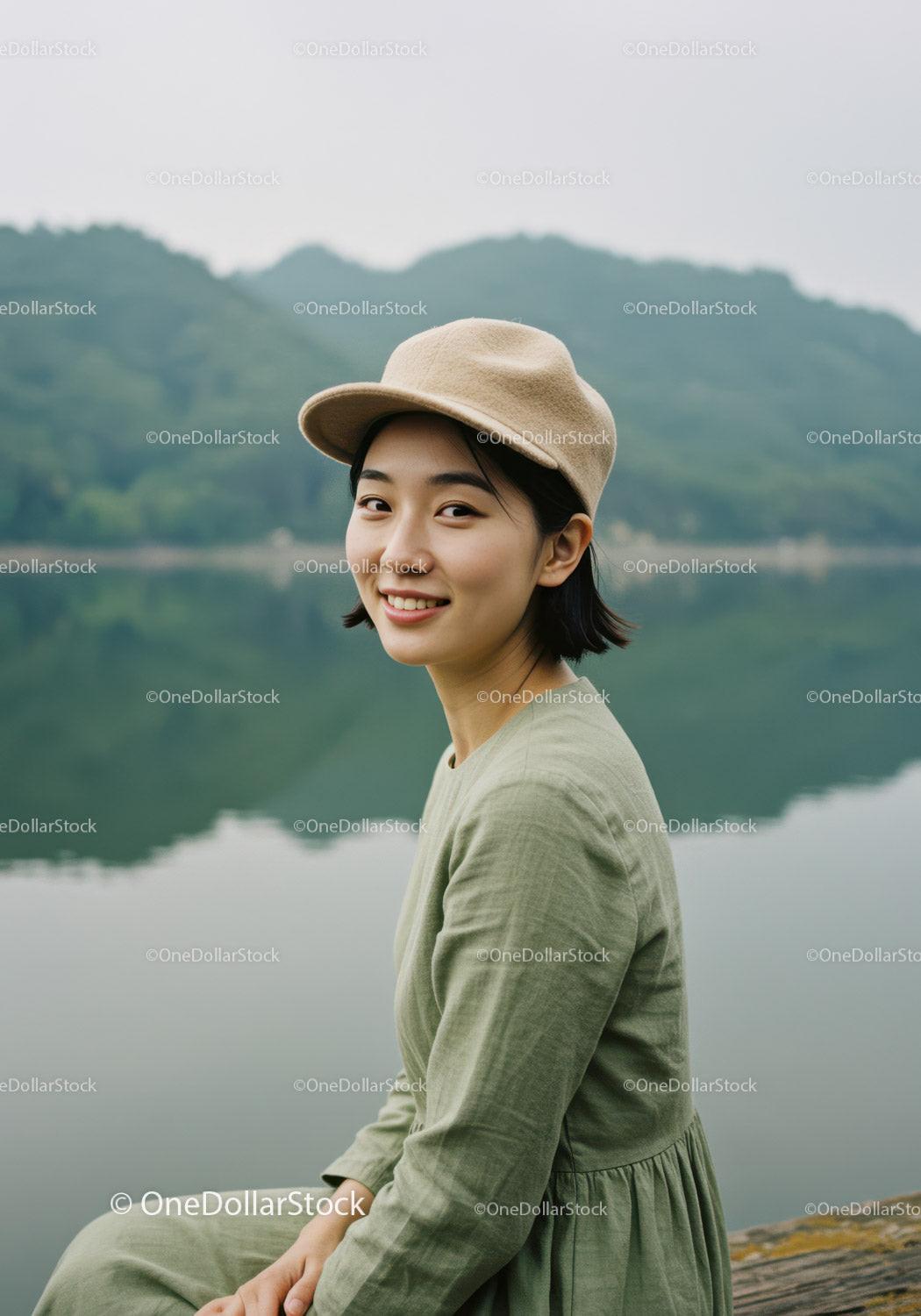 Young Woman in Green Dress Wearing Beige Cap Near Lake Landscape 24 JPG Files digital asset preview