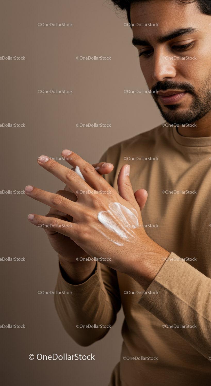 Close-Up of Man Applying Lotion to Hands for Skin Care and Grooming