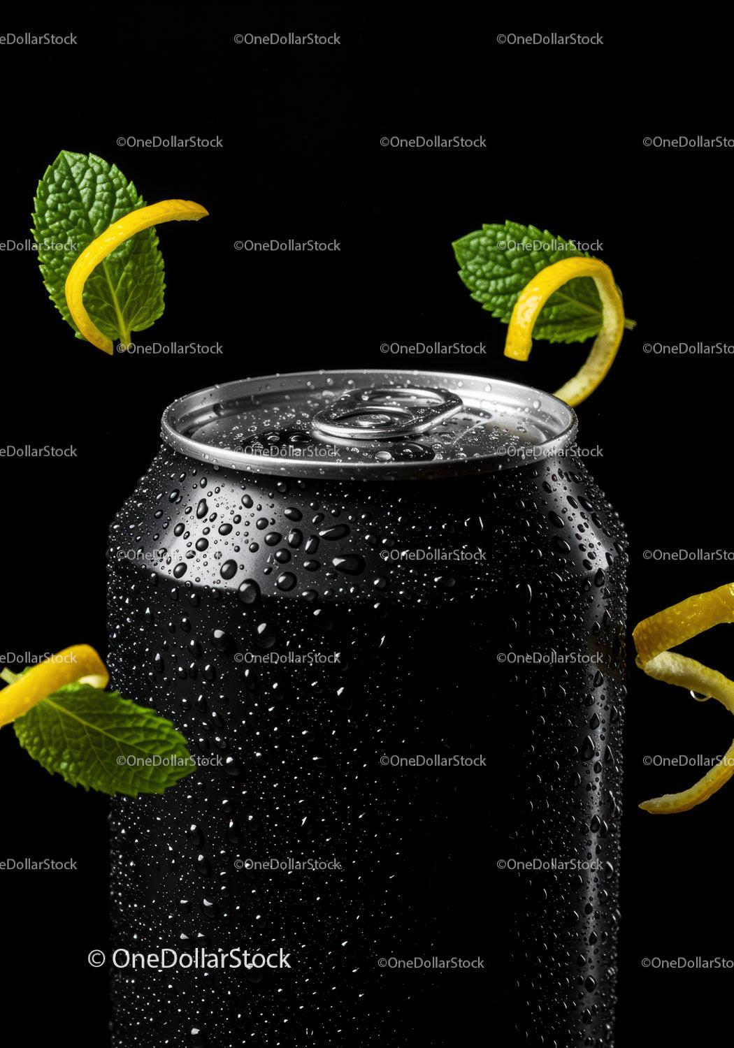 Black soda can with fresh mint and lemon peel accents