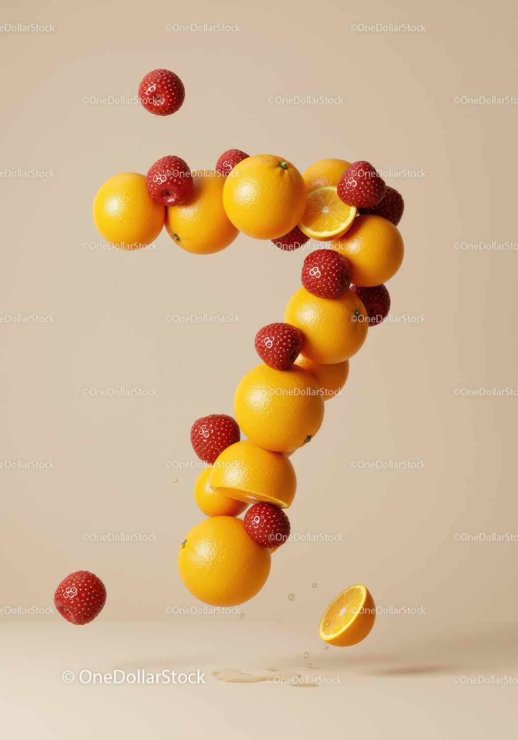 Number Seven Formed by Fresh Oranges and Strawberries