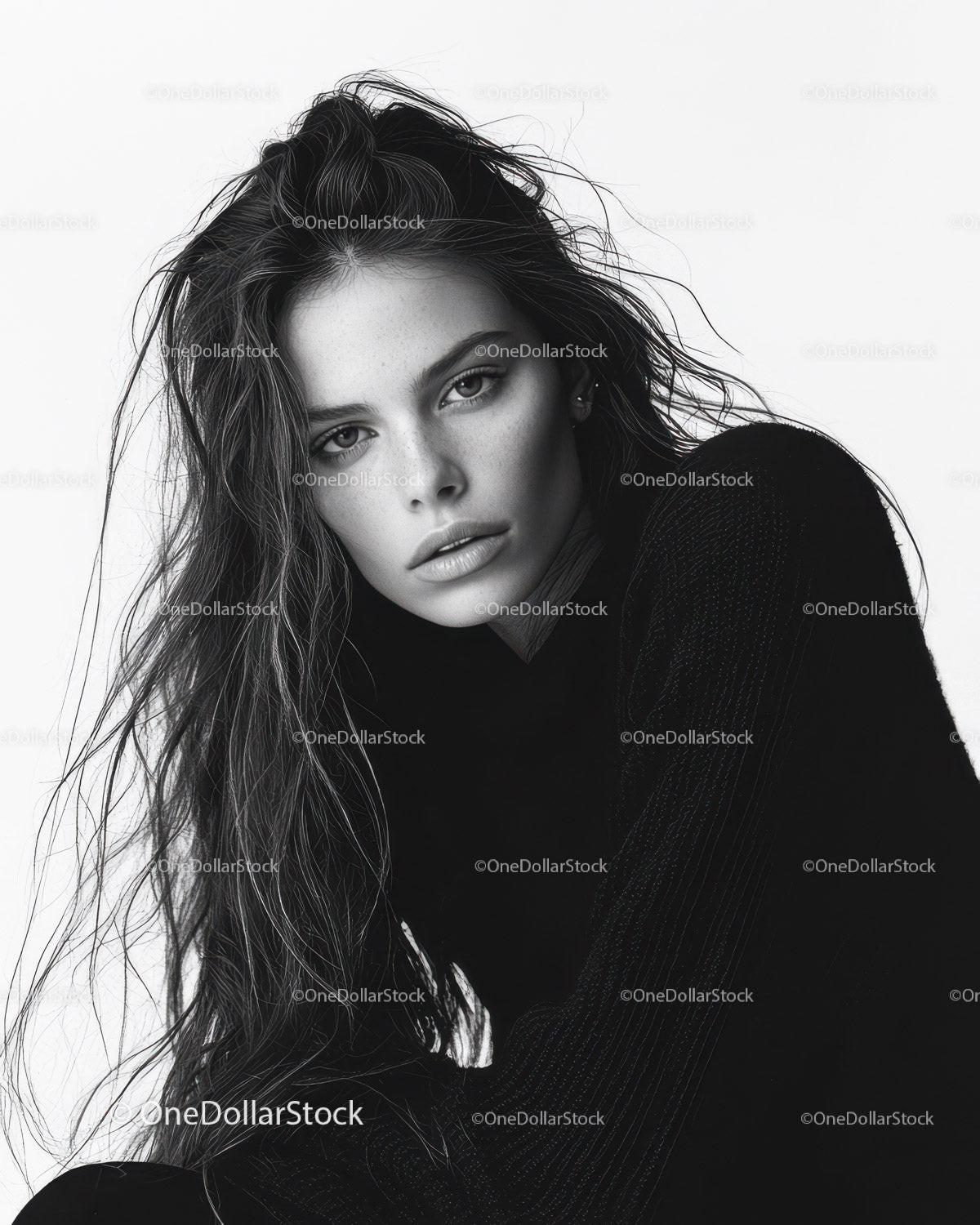 Elegant Black and White Portrait of a Confident Woman with Long Hair