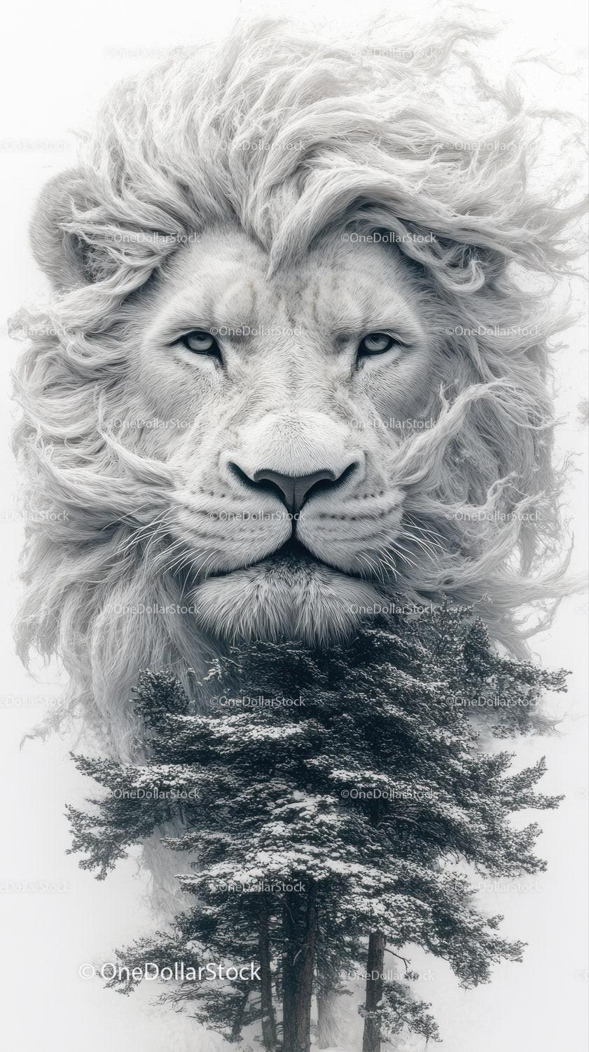 Close-up white lion head with flowing mane above snowy pine tree
