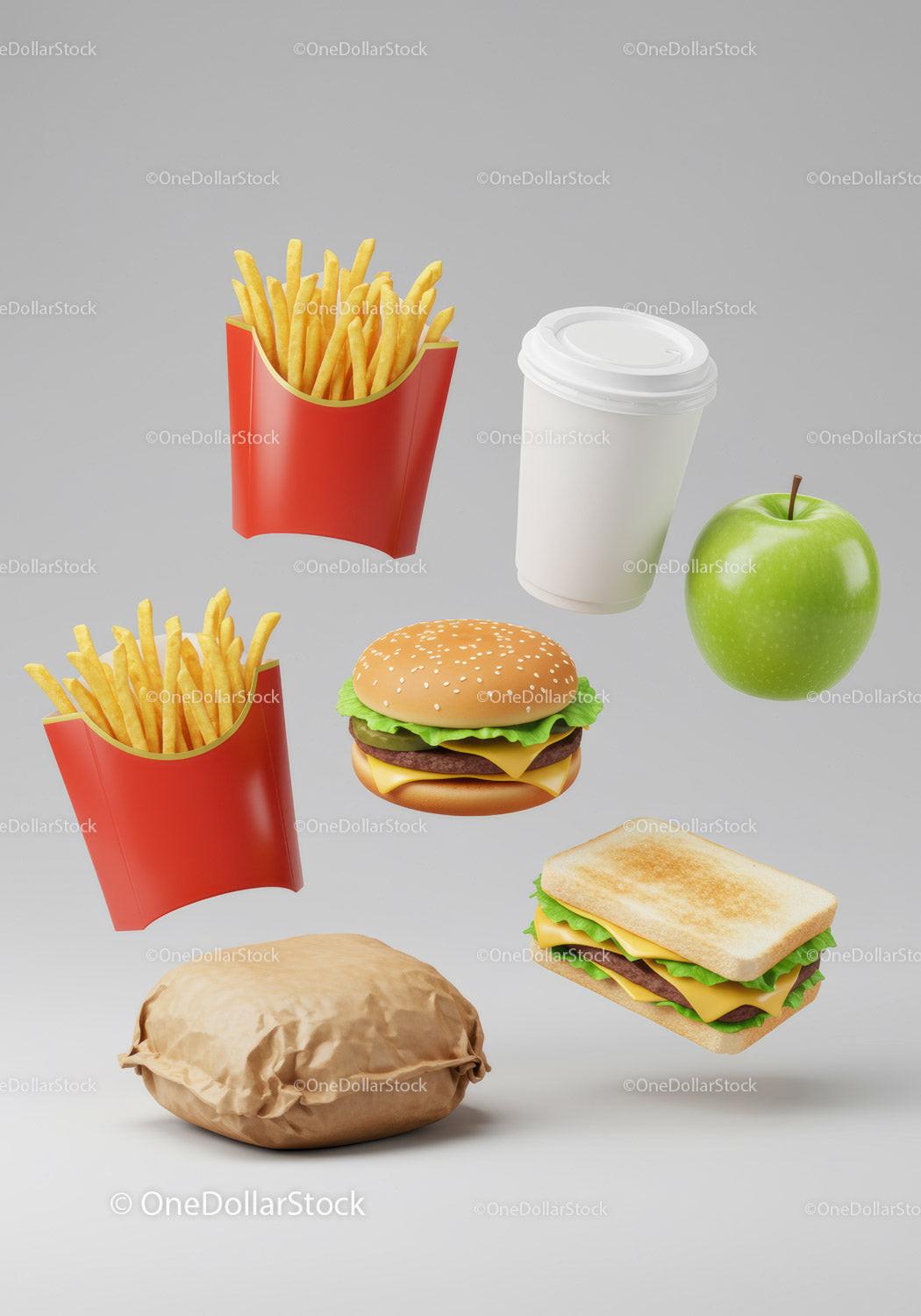 Classic fast food meal with fresh apple and drink