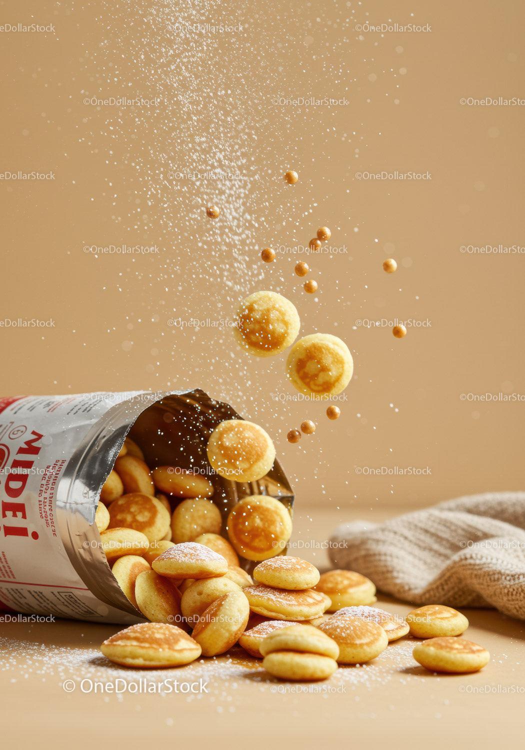 Mini Pancakes Falling Out of Open Packaging with Powder
