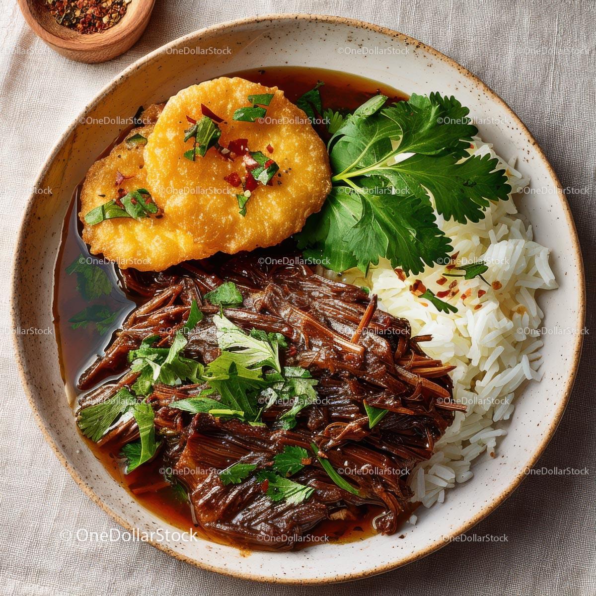 Savory Beef Stew with Rice and Fried Plantains