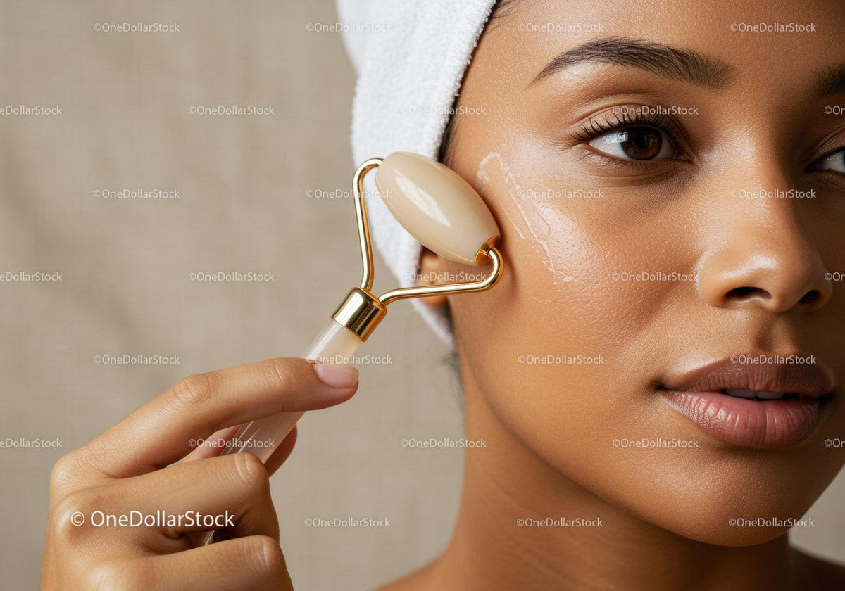 Beautiful Woman Using Jade Roller for Facial Skincare and Rejuvenation