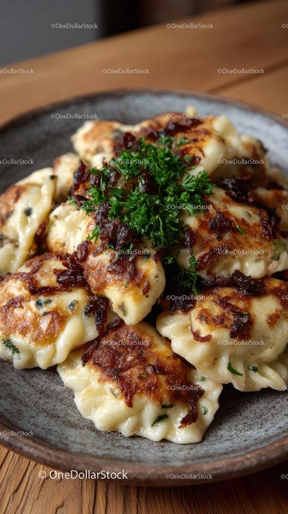 Delicious Fried Potstickers with Soy-Glazed Onion Garnish in a Rustic Bowl Stock Photo Bundle preview 9