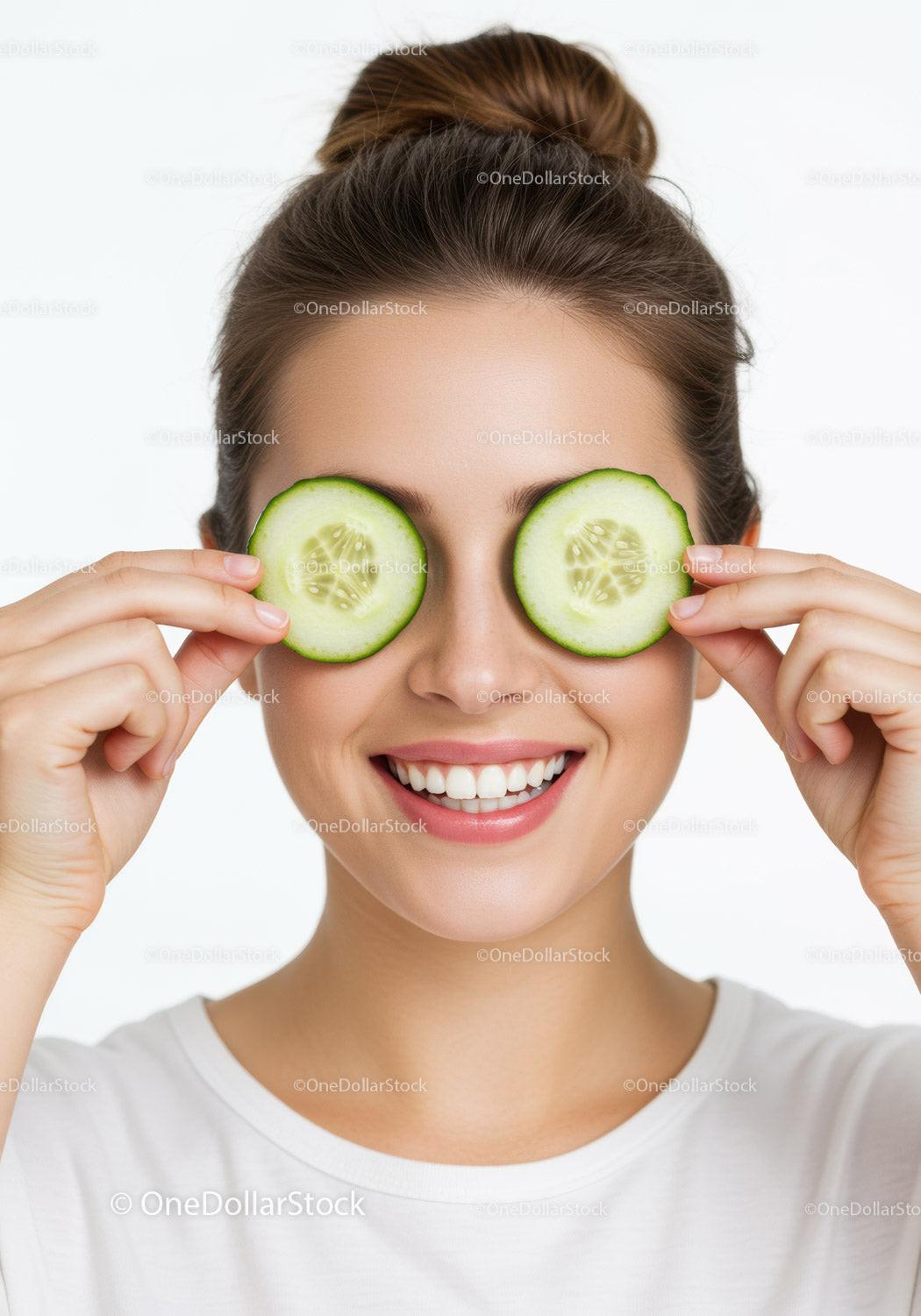 Smiling Woman with Cucumber Slices Over Eyes for Fresh Skin