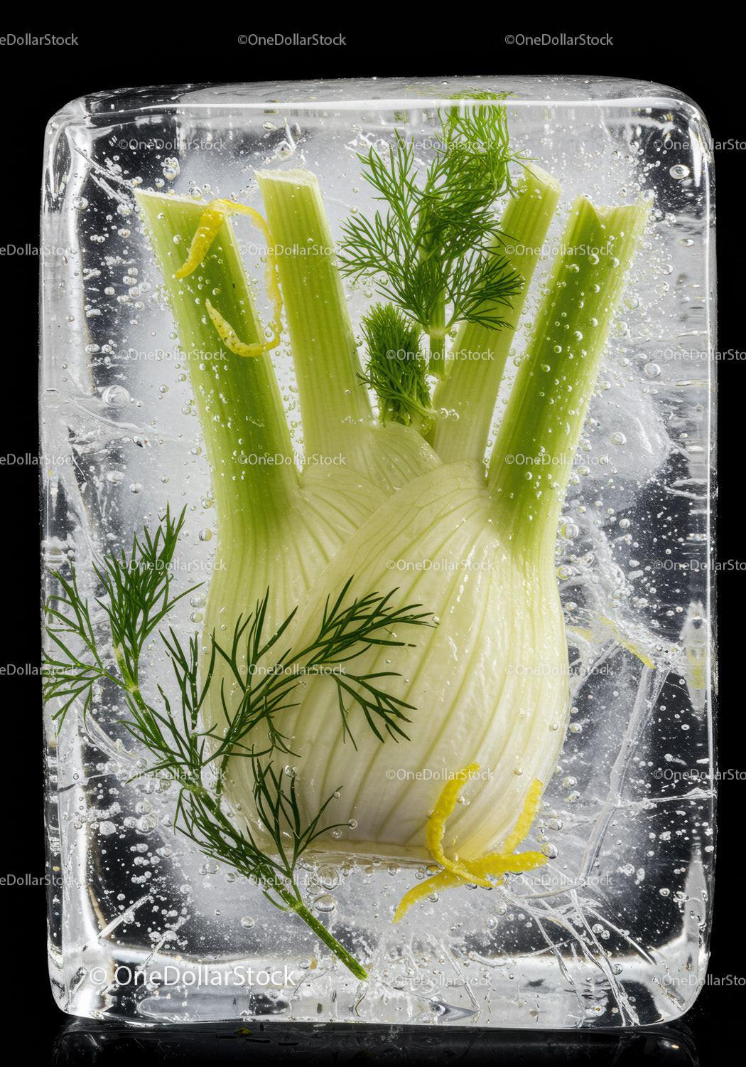 Fresh fennel bulb with herbs captured in clear ice cube