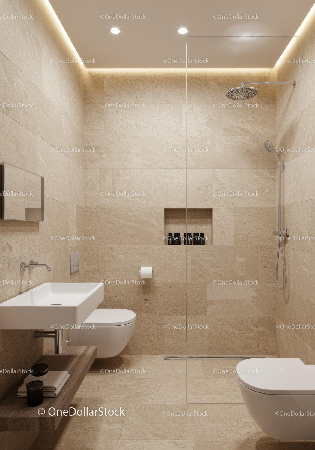 Modern Minimalist Bathroom with Beige Tiles and Walk-In Shower