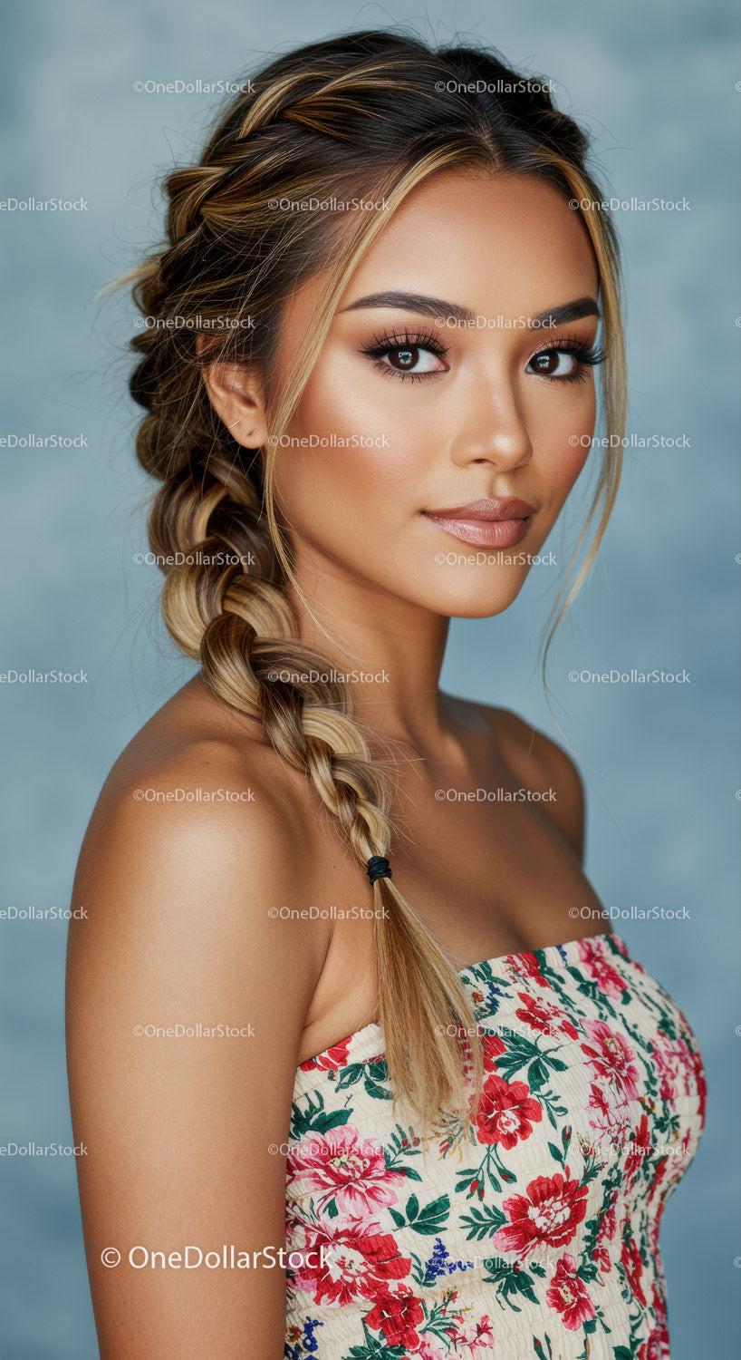 Beautiful Woman with Blonde Braided Hair in Floral Dress
