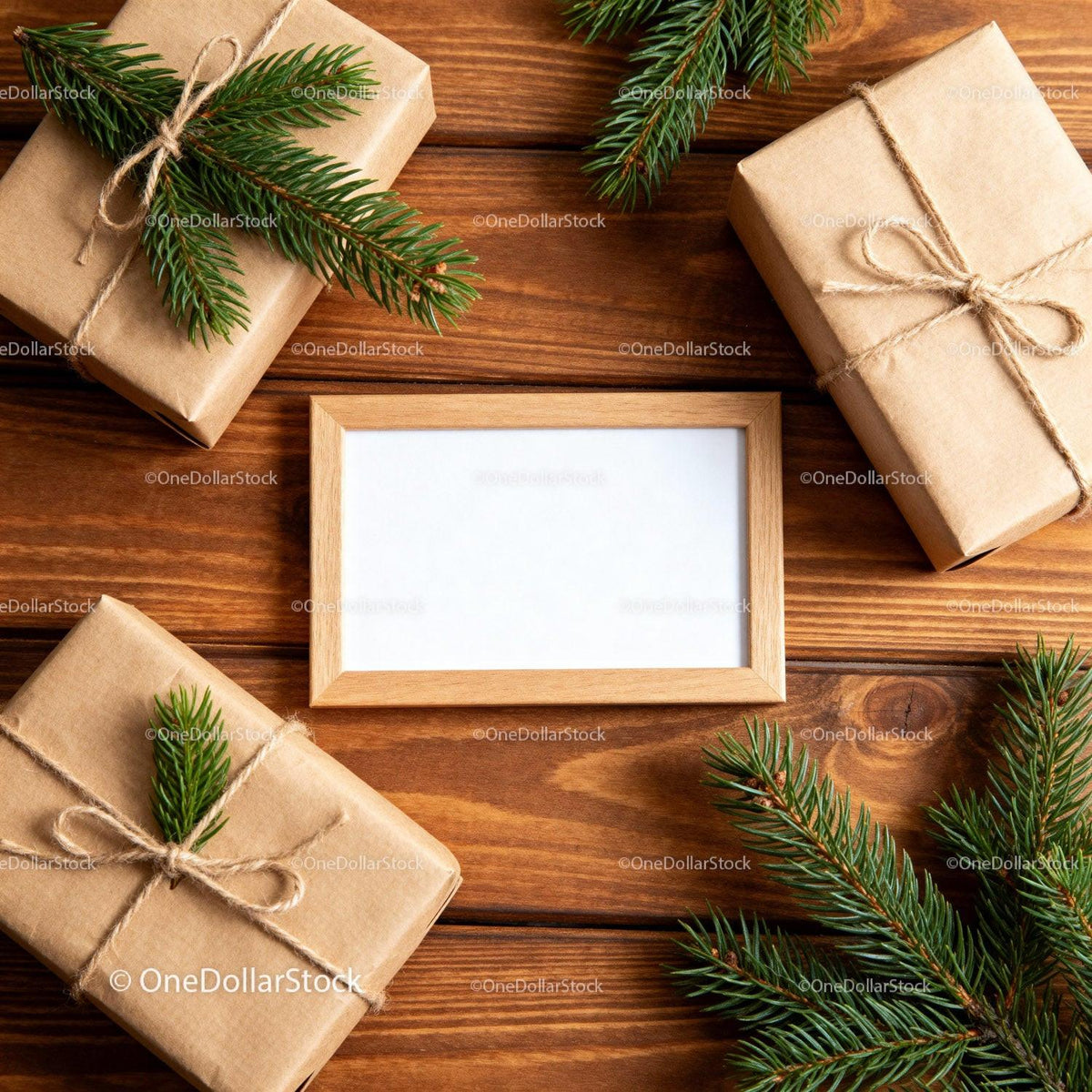 Minimalist Christmas Gift Setup with Blank Frame on Wood JPG Mockup Image preview