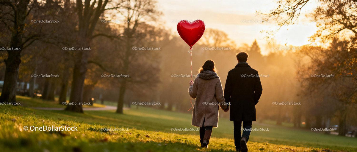 Couple Holding Hands with Heart Balloon at Sunset