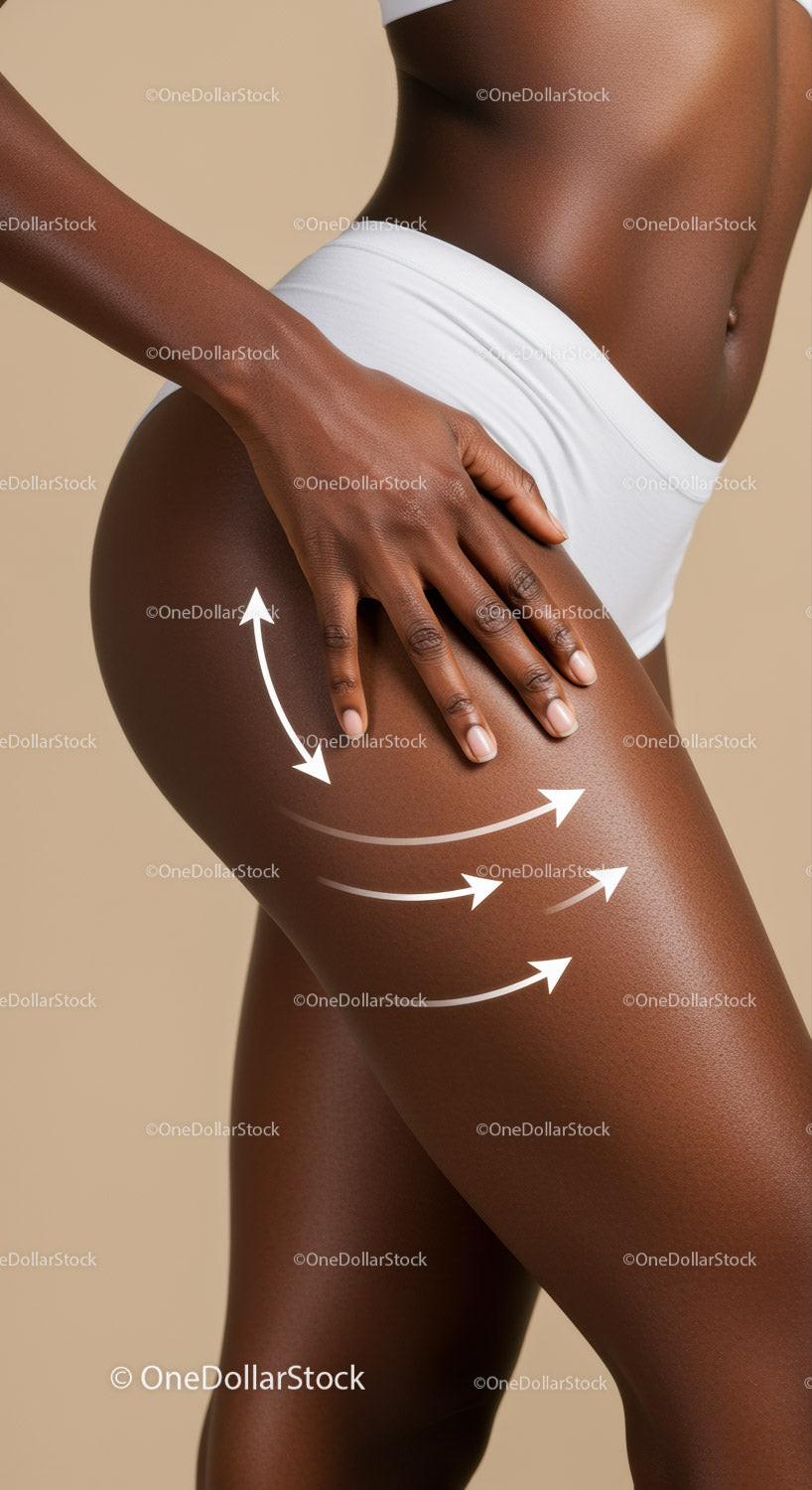 Close-Up of Black Woman's Hand on Thigh with Body Contouring Markings