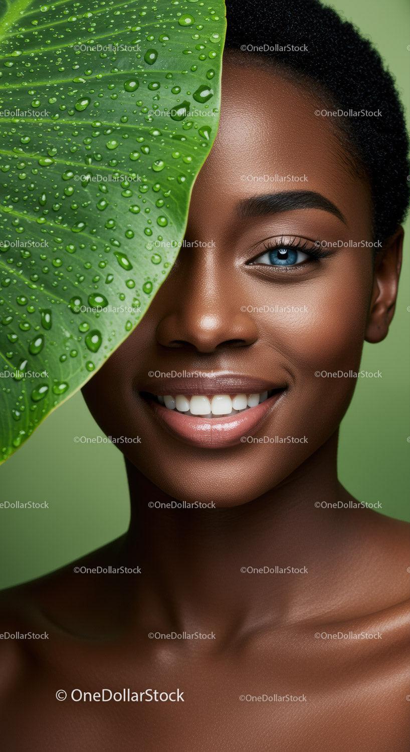 Portrait of Smiling African Woman with Curly Hair and Lush Green Background