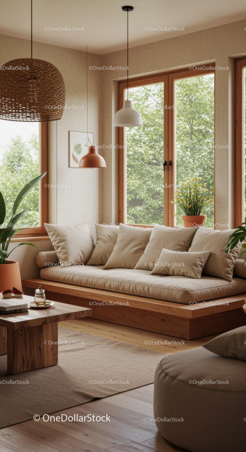 Cozy living room with natural wooden accents and greenery