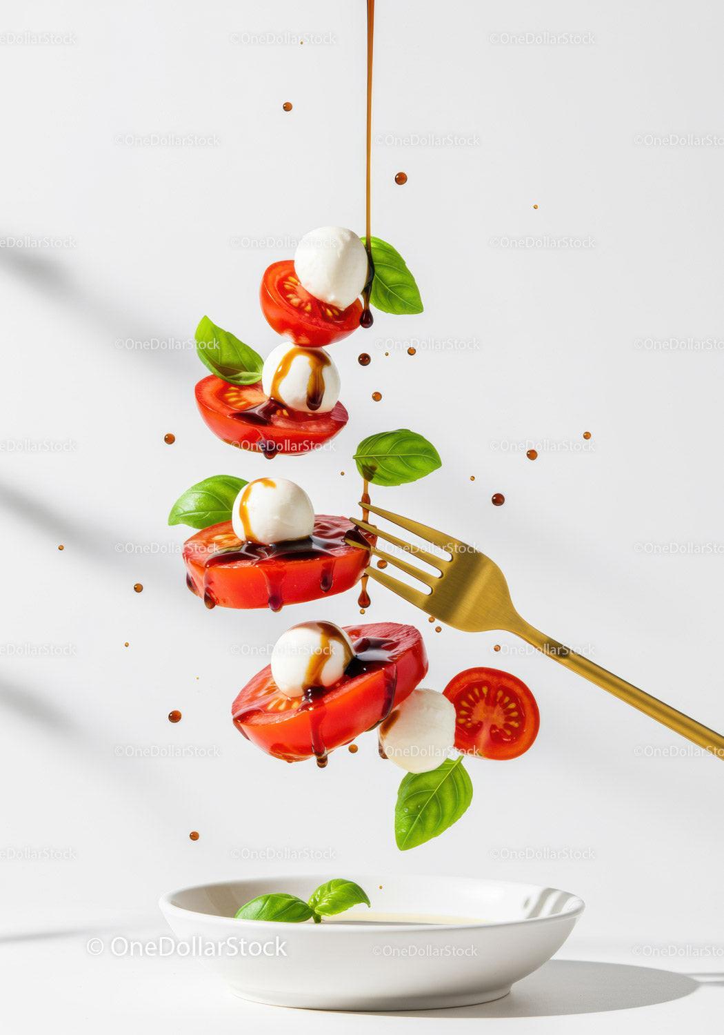 Fresh Caprese Salad Ingredients Suspended with Balsamic Drizzle