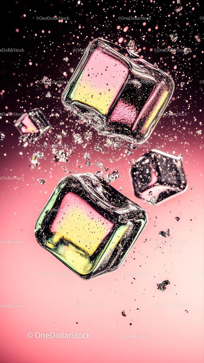 Colorful Ice Cubes Splash in Vibrant Pink Background