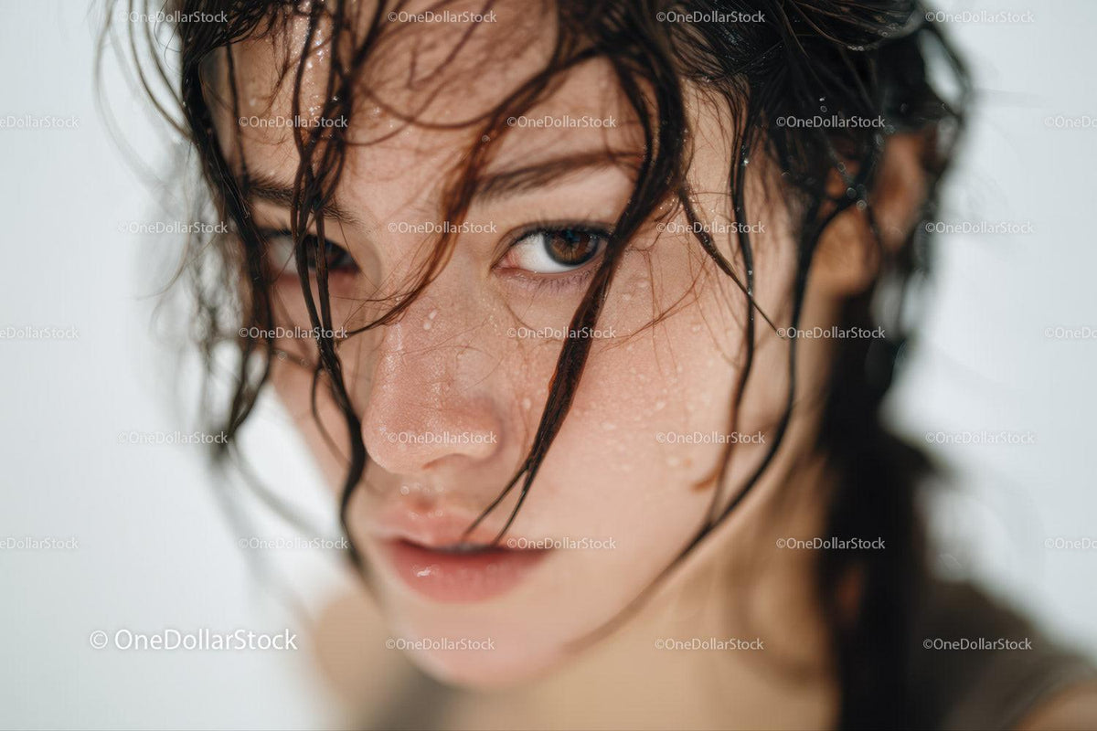 Close-up of Young Woman with Wet Hair and Water Droplets