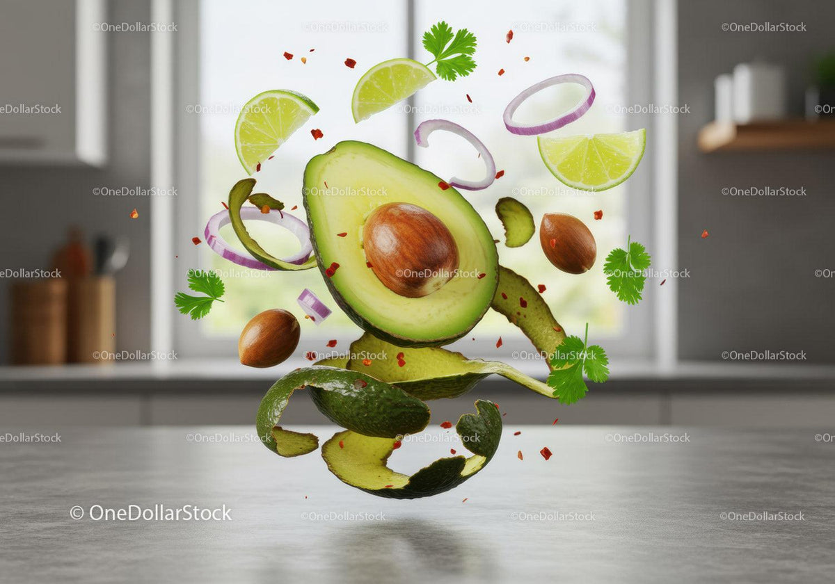 Floating Ingredients for Fresh Guacamole in Modern Kitchen