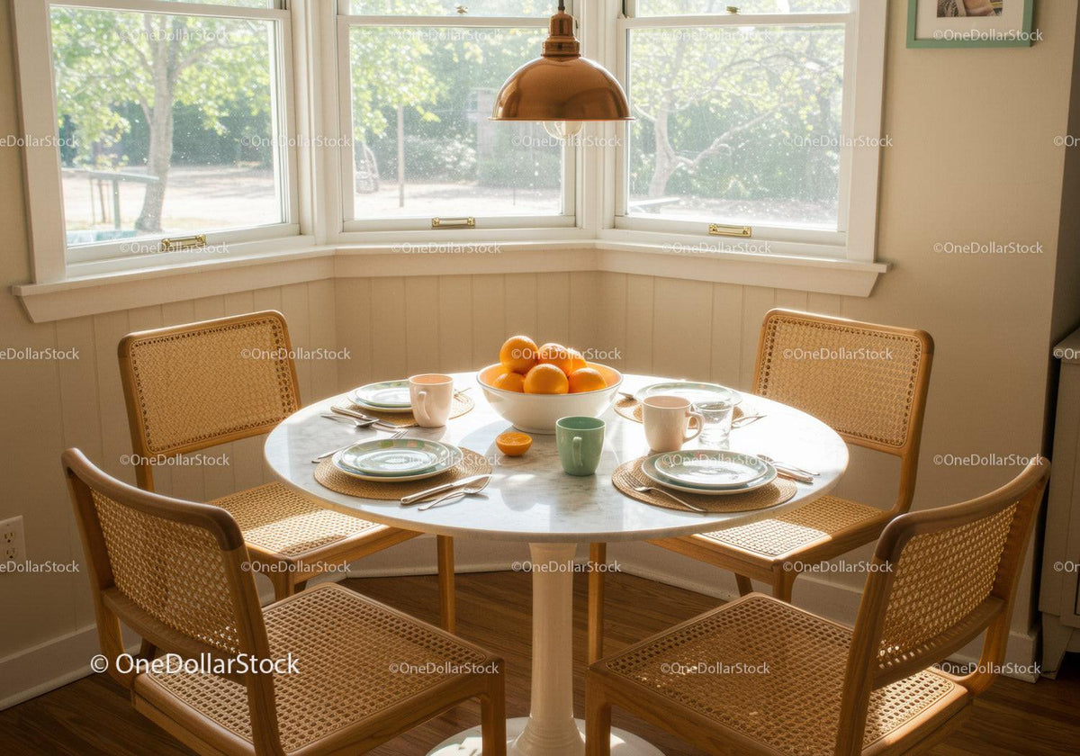 Cozy breakfast nook with natural sunlight and oranges